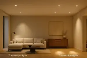 minimalist luxury living room with a mix of trimless spotlights and trimmed downlights