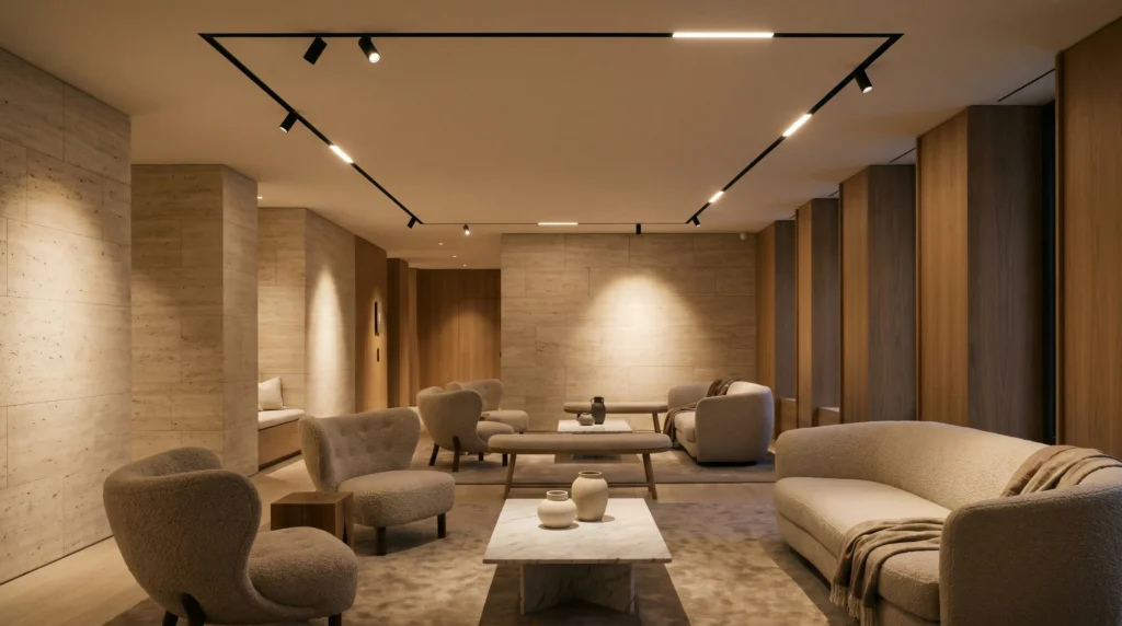 Trimless recessed magnetic track lighting application in modern residential ceiling